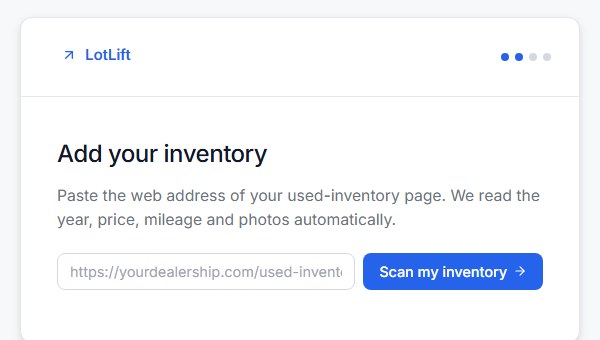 LotLift's setup screen, where you paste your inventory page URL to begin scanning it.